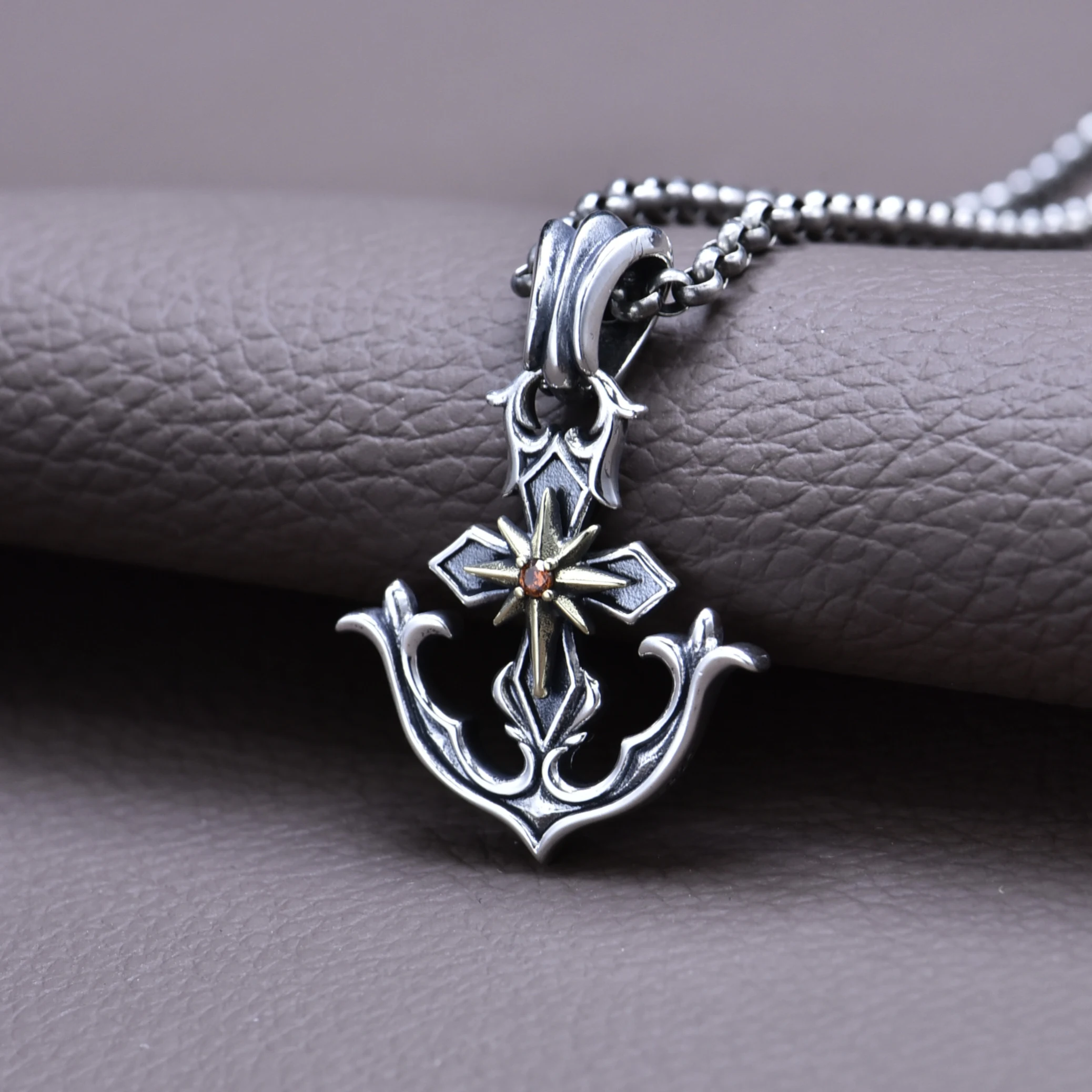 

S925 sterling silver menjapanese style starry zircon cross anchor stylishcouple punk style pendant necklace