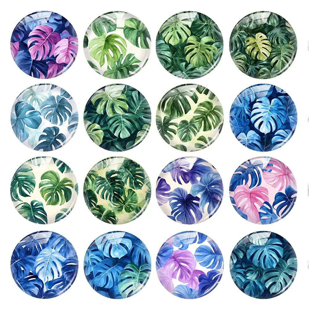 Random Mixed Round/Oval/Square Monstera Leaf  Tropical Summer Photo Glass Cabochon Flatback Demo Cameo For Diy Jewelry Making