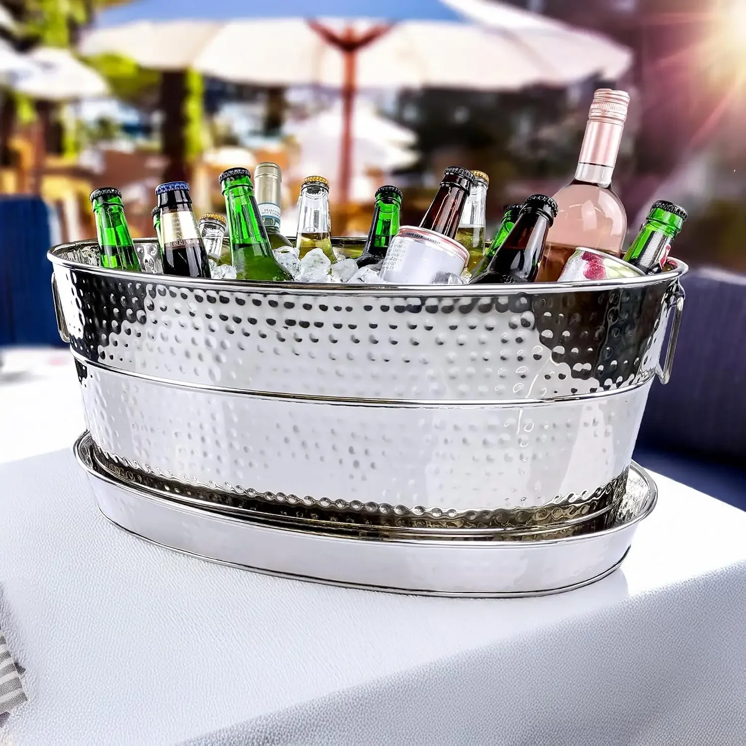 Aspen Stainless Steel Silver Beverage Tub with Stainless Steel Serving Tray - Heavy-Duty Metal Ice and Drink Bucket