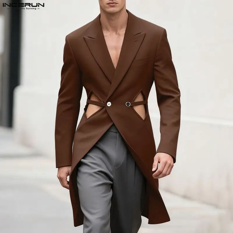 INCERUN メンズイレギュラーブレザー無地ラペル長袖中空男性スーツストリートウェアボタンファッションロングスタイルブレザー男性