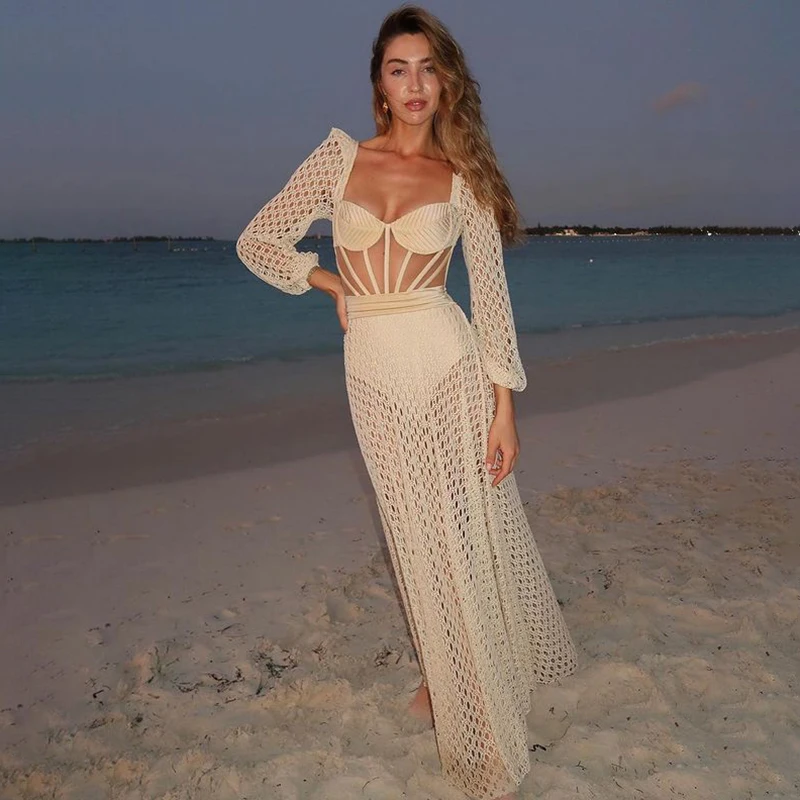 Cutout Stretch Knit Swimsuit 2024 Women\'s Swimwear Beach Outfits Luxury Long Sleeve Cover-Ups Beach Dress Bathing Suit Beachwear