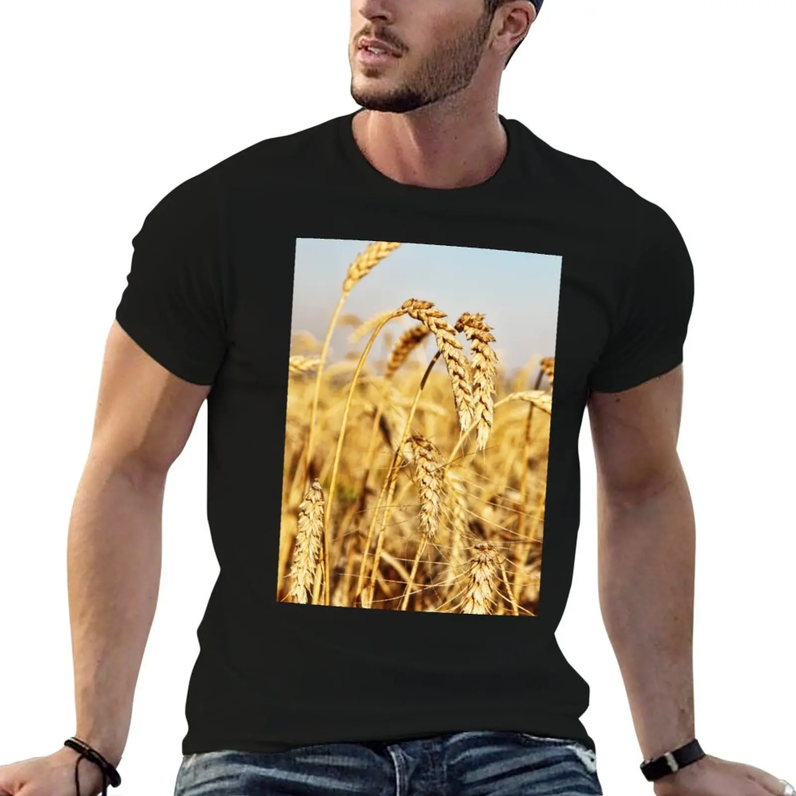 Ripe wheat ears on field. Relaxed Fit T-Shirt customs oversized t shirt men graphic t shirts