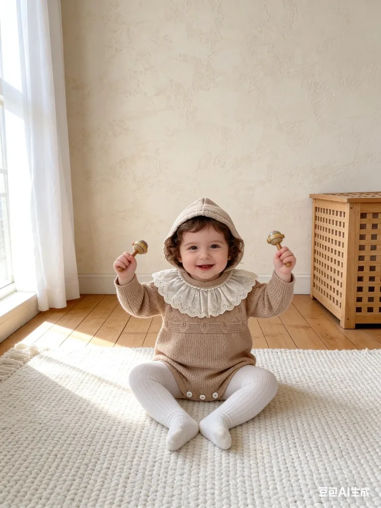 Cute baby knitted lace doll collar knitted jumpsuit for girls long sleeve Vantage outdoor solid Hollow out climbing clothes