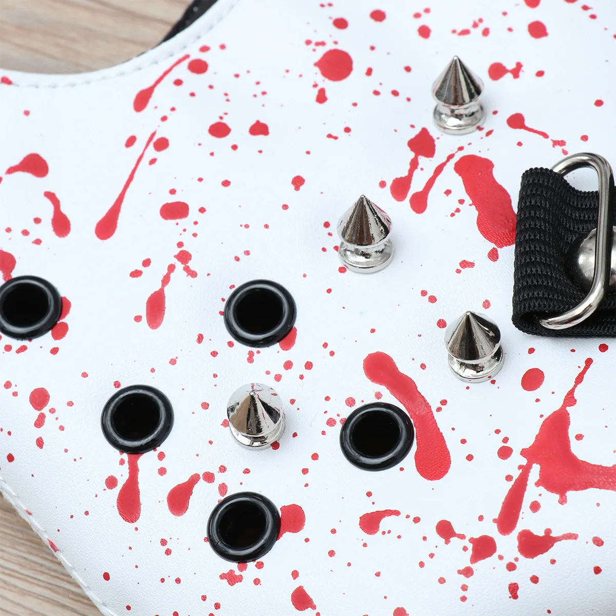 

Cool Half Face Mask in White and Red Rivet Punk Style for Halloween Carnival Cosplay Unique Fashion Statement Piece