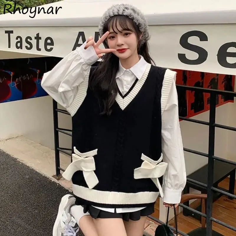 Sweter Kamizelka Damska Baggy V-neck Sweet Preppy Panelled Girlish Japanese Stylish Kawaii Clothes Knitwear Жилетка Женская Teens Ins