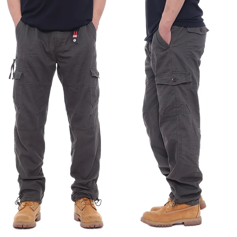 Overalls Pure Cotton Men's Casual Pants Elastic Waist Large Size Pants Multi Pocket Loose Pants Construction Site Pants