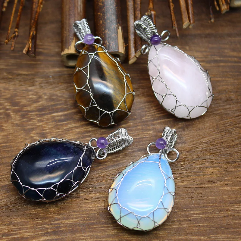 Polly Water Drop Crystal Pendant Necklace Natural Stone Amethysts Clear Crystals Wire Wrapped Pendants Jewelry