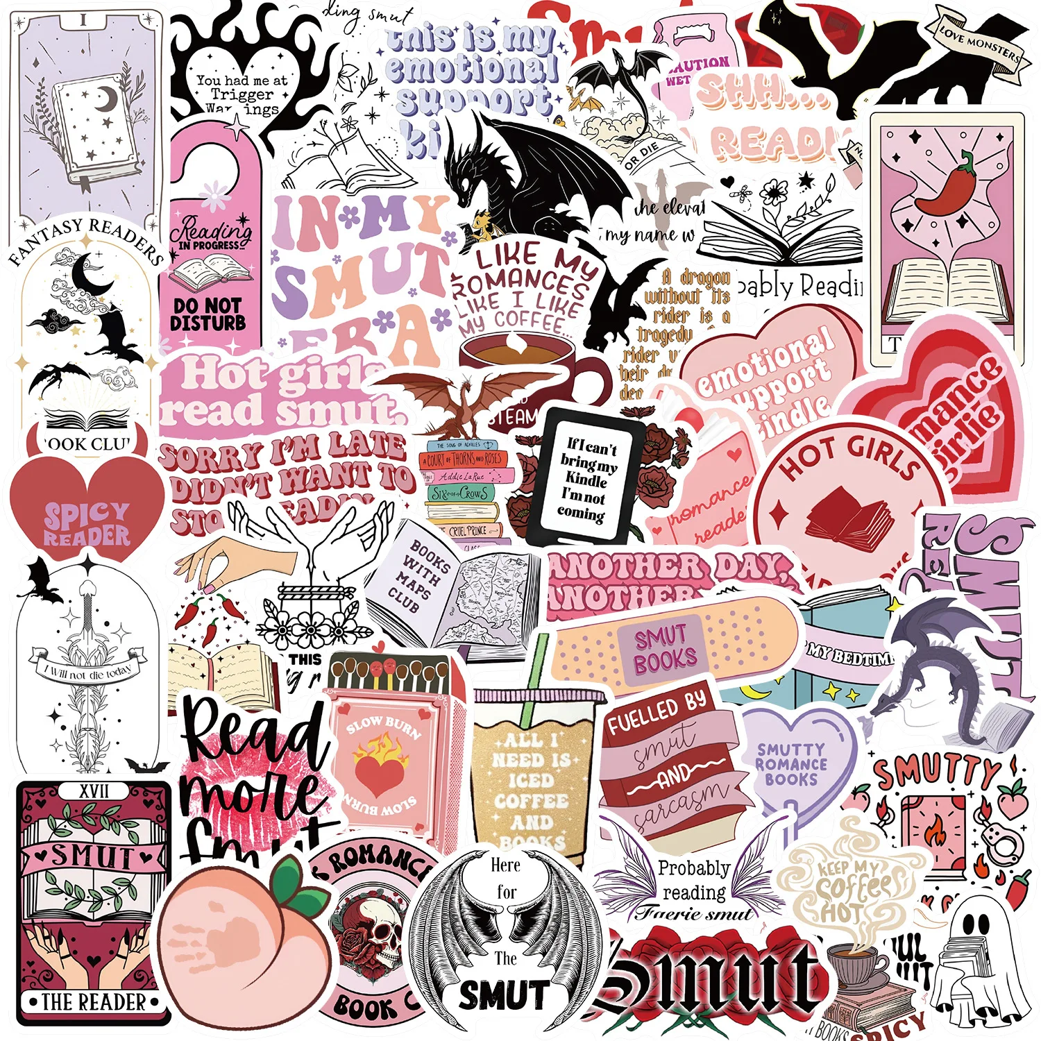 52PCS Bookish Smutty Reading Graffiti Stickers Cartoon Creative Decoration Guitar Notebook Luggage Stationery Box Skateboard