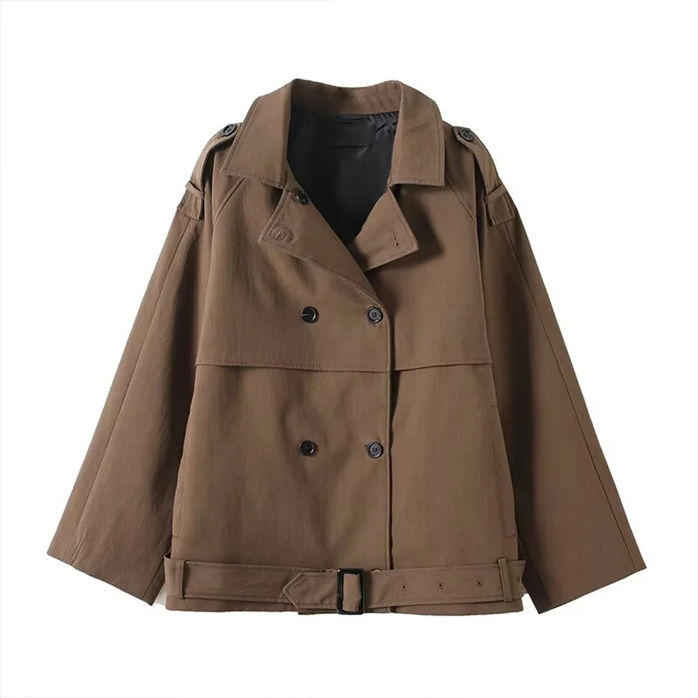 

Woman's Retro Cropped Trench Coat Double-breasted Lapel Wide Waistband Simple Commuting Jacket Early Autumn Female Chic Top