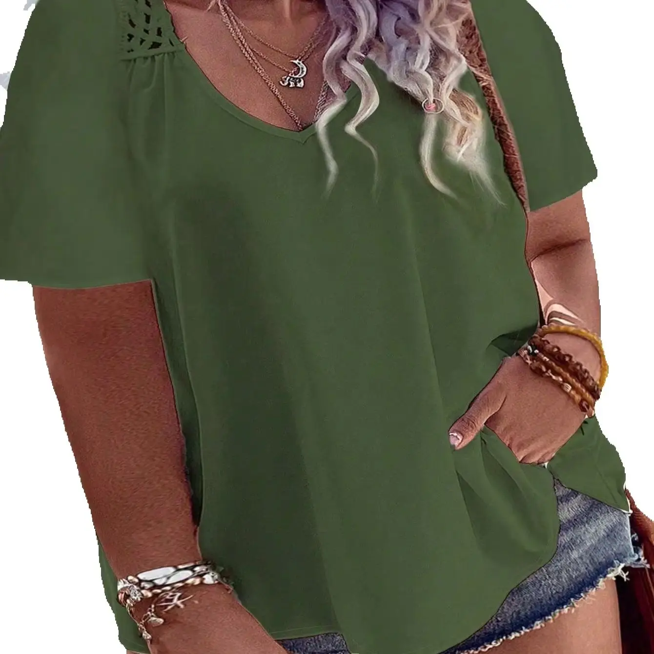 Women's Plus Size Crochet Back Blouse, Casual V-Neck Short Sleeve Boho Top, Hollow Out Flowy Shirt For Ladies view 5