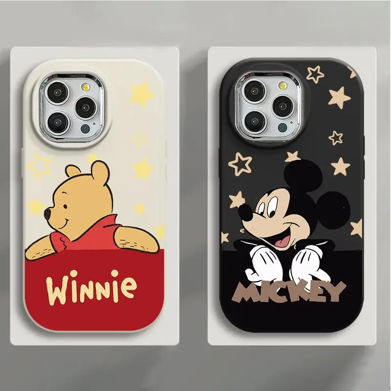 Plating Metal Lens Phone Case for iPhone 15 14 13 12 11 Pro Max Plus Solid Color Liquid Cover Mickey Mouse Winnie Saisy Duck