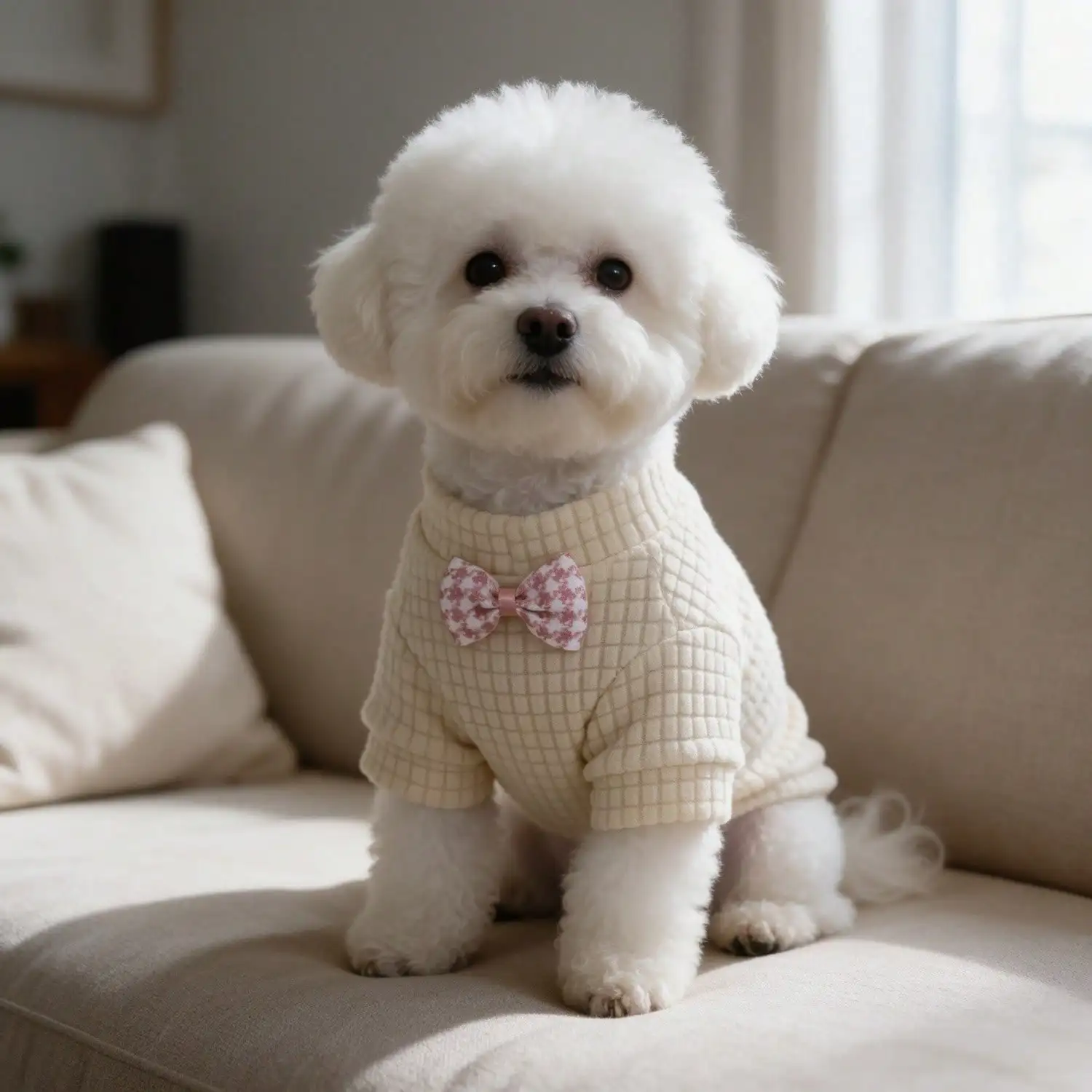 1 Stück rosa Schleifen-Waffelstrick-Hundeshirt, weiches, kurzärmeliges Haustier-Outfit für kleine Hunde – Detail 1