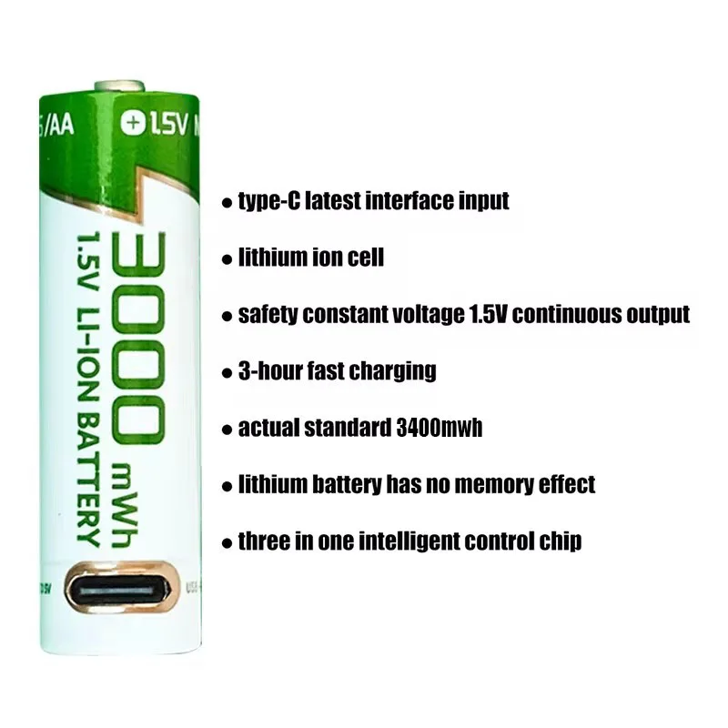 New 1.5V AA Rechargeable battery lithium 3000mWh battery environment protection High quality batteries USBTYPE-C direct charging