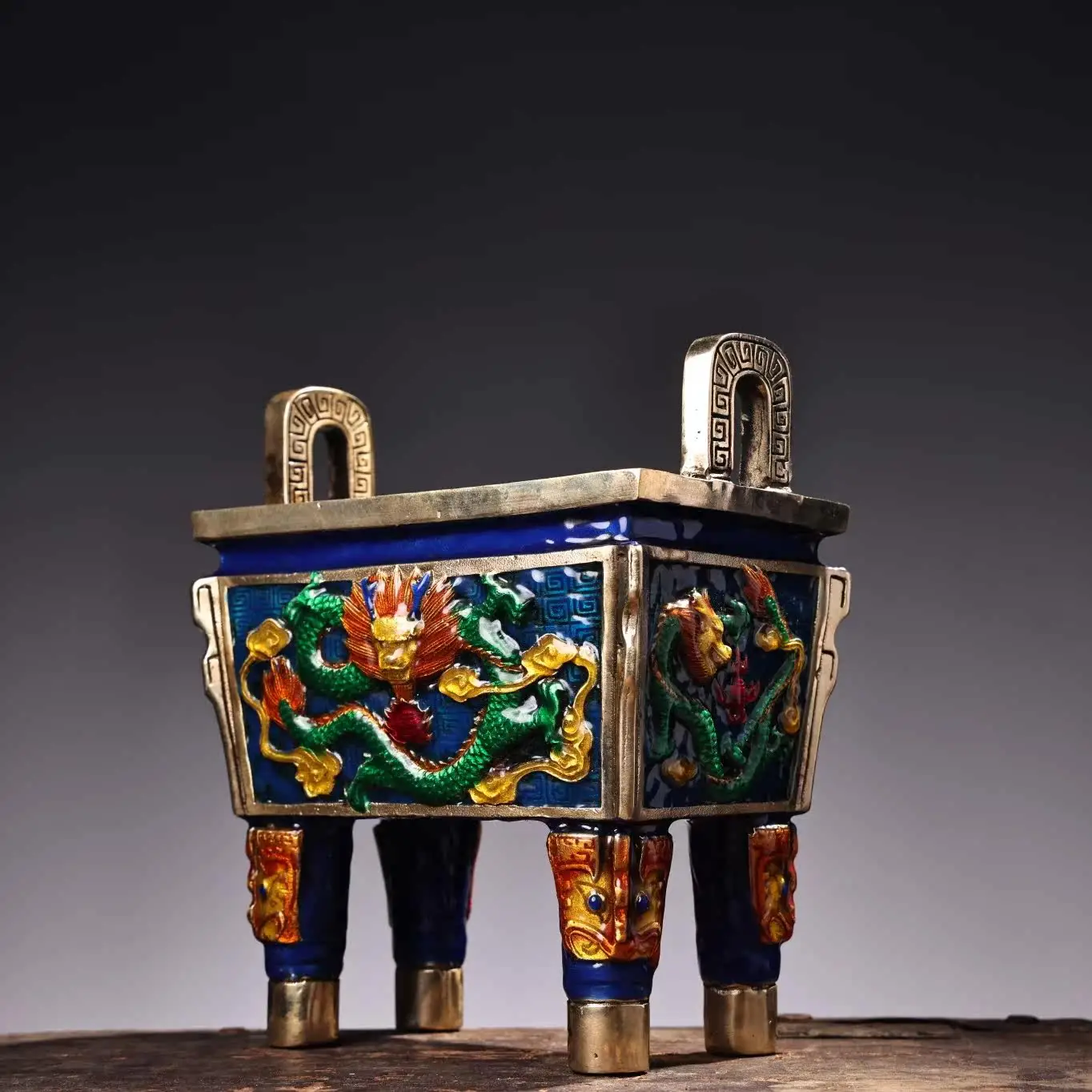 Tibetan Pure Copper Cloisonné Square Tripod Incense Burner Enamel Painted Home Decor Gift