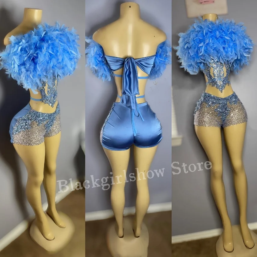 Luxury Sky Blue Homecoming Prom Dresses 2024 For Women Sparkling Sexy Applique See Through Feather Dresses For Special Events