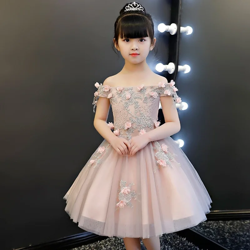 Glizt Appliques Lace Girl First Communion Dresses Floral Tulle Ball Gown Girls Pageant Gown Long Flower Girl Dress for Weddings