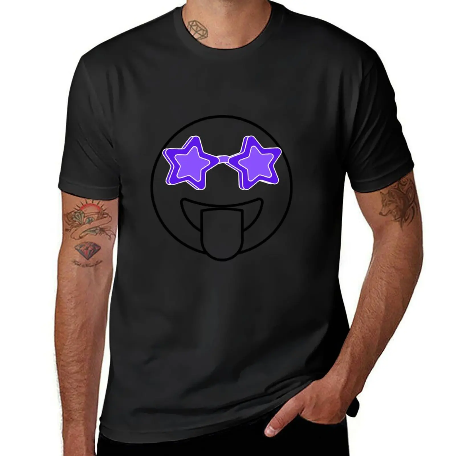 

Black outline Face With Tonge Out And Purple Stars White Background T-Shirt summer tops quick-drying plain white t shirts men