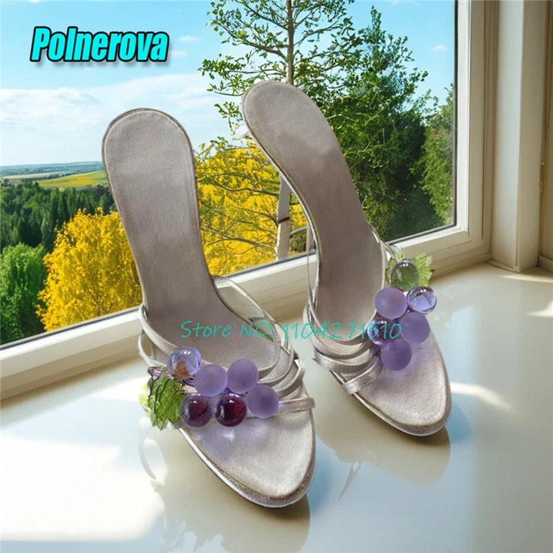 Summer New Satin Sandals for Women Purple Grape Open Toe Thin High Heel Slippers Lovely Girls Party Dress Shoes Stiletto Heels view 3