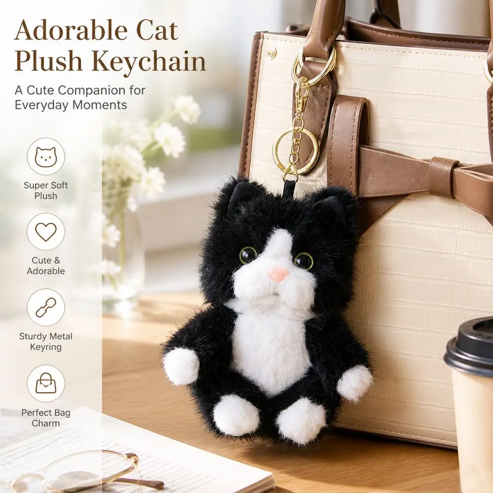 Kitten Pendant Cat Keychain Soft Metal Clip Stuffed Kitten Keychain Furry Texture Realistic Kitten Shape Animal Keychain