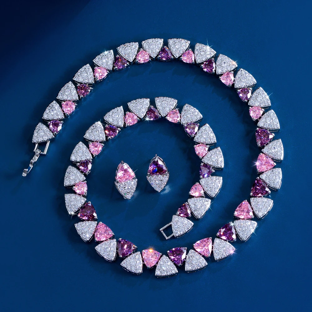 ThreeGraces Exquisite Luxury Pink Purple Zirconia Triangle Shape Bridal Wedding Evening Party Jewelry Set for Women T1090 view 5