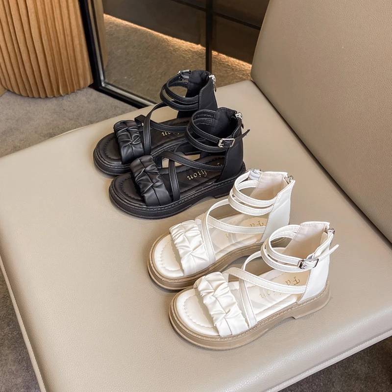 Girls High Ankle Sandals Children Pleated Roman Sandals Open Toe Back Zipper Kids Summer Fashion Princess Shoes Size 23-37
