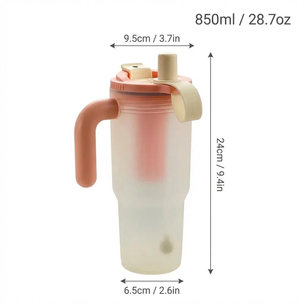 850ML draagbare waterfles met zeef en rietje, transparante plastic beker, bestand tegen kou en warmte, lekvrije drinkfles