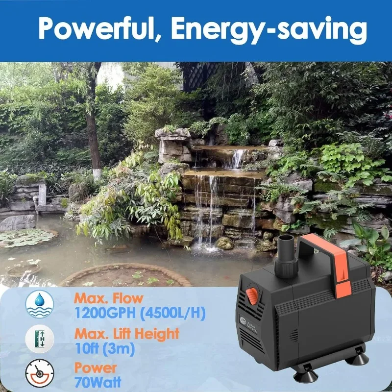 1200GPH Submersible Water Pump Pond Pump(4500L/H, 70W), Water Fountain Pump Aquarium Water Pump with Flow Control