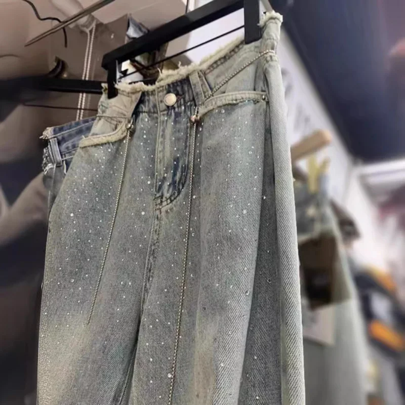 

European Goods Heavy Embroidery Hot Drilling Starry Hem High Waist Jeans Women's Summer Thin Loose Fashion Mop Wide Leg