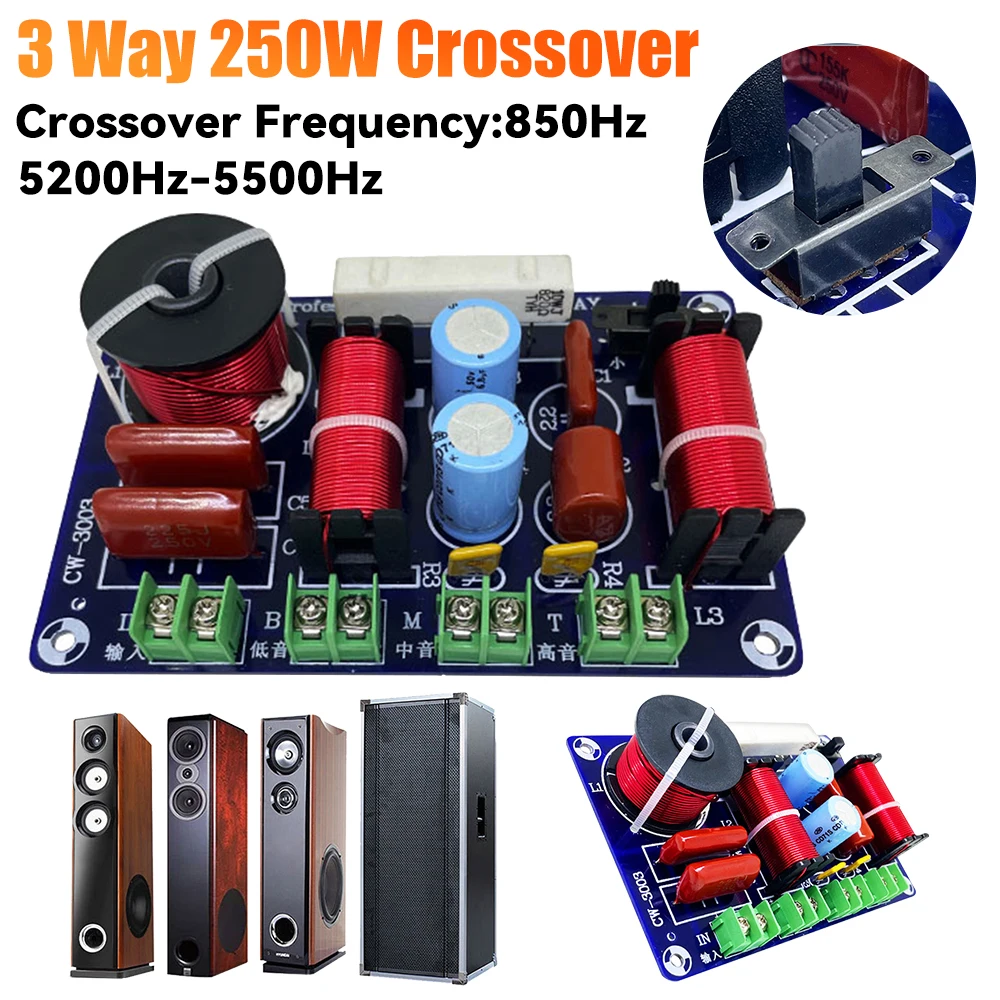 3-Way 250W 850/5200Hz Frequency Divider Filter Circuit Treble Medium Bass Hifi Stereo Audio Crossover Filter Upgrade