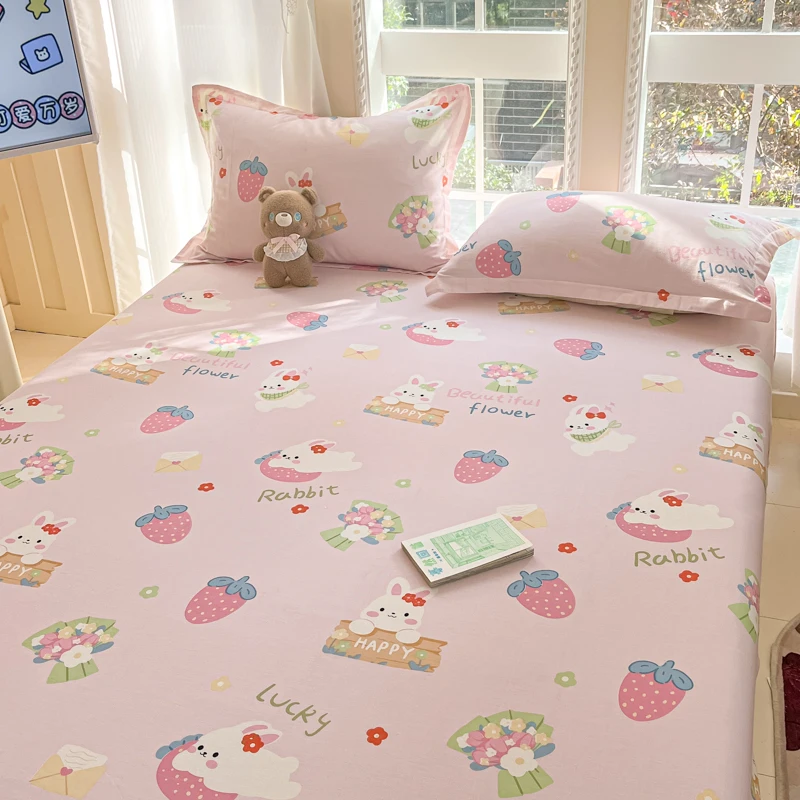 Set di lenzuola con angoli in cartone animato con coniglio, lenzuolo floreale botanico con 2 federe, lenzuolo in cotone Kawaii per l'arredamento della camera da letto delle ragazze e degli adolescenti