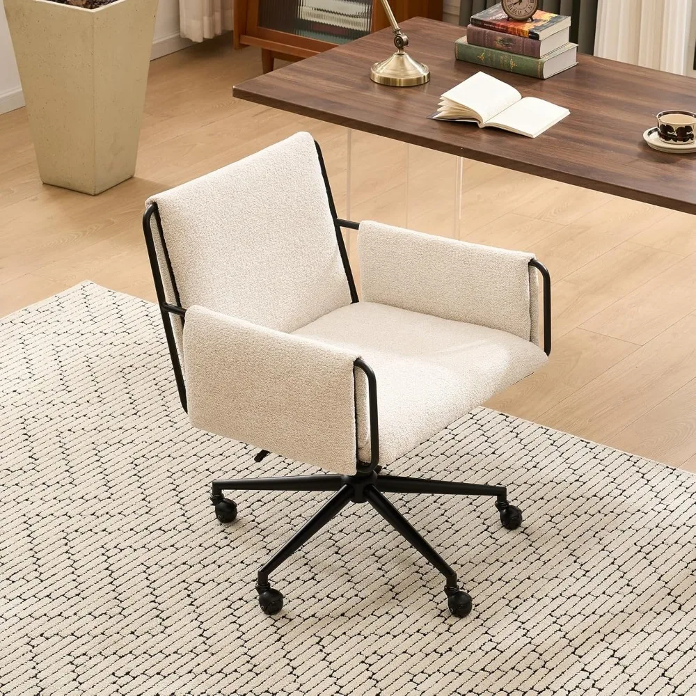 beige looped fabric office chair with adjustable height, 300lbs weight capacity, wheels, and armrests for home office and bedroo