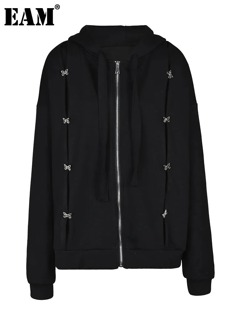 

[EAM] Loose Fit Black Metal Zipper Casual Jacket New Hooded Long Sleeve Women Coat Fashion Tide Spring Autumn 2024 1DF7437