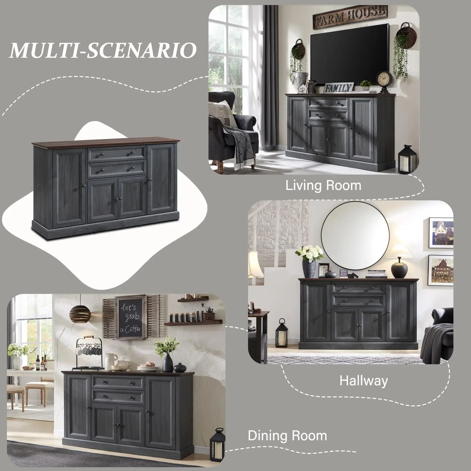 Armadietto a buffet Farmhouse da 58 pollici con contenitore, armadietto da bar alto 34 pollici con 2 cassetti grandi e 4 ante scanalate, legno rustico Sid