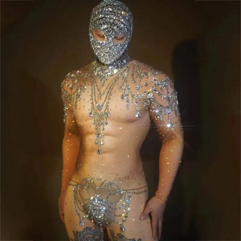 Sexy Rhinestones Rompers Muscle Man Nude Print Jumpsuit Stones Headwear Male Gogo Dancer Costume Festival Outfit Clubwear