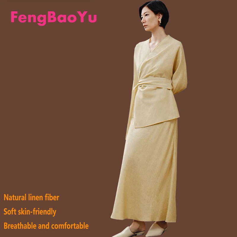 

100% Natural Linen Women's Suit Khaki Color Lace-up Top and Skirt 2 Pieces Elegant Noble Business Casual Light Luxury Clothing