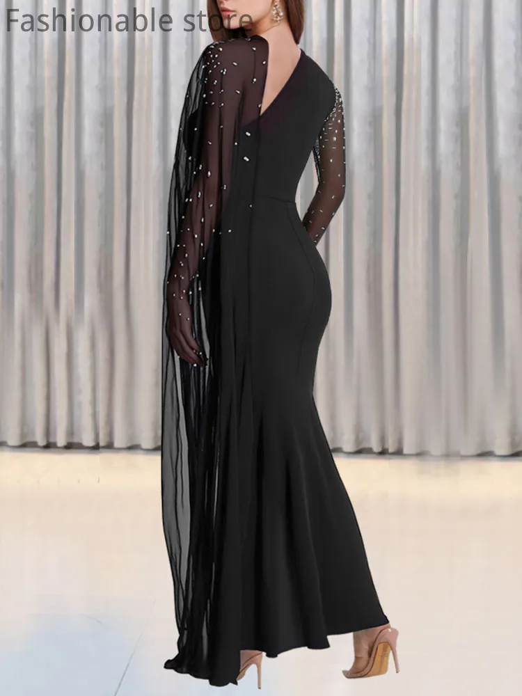 Women's Sexy Solid Color Sheer Mesh Long Sleeve Rhinestone Decor Mermaid Floor-length Party Dress