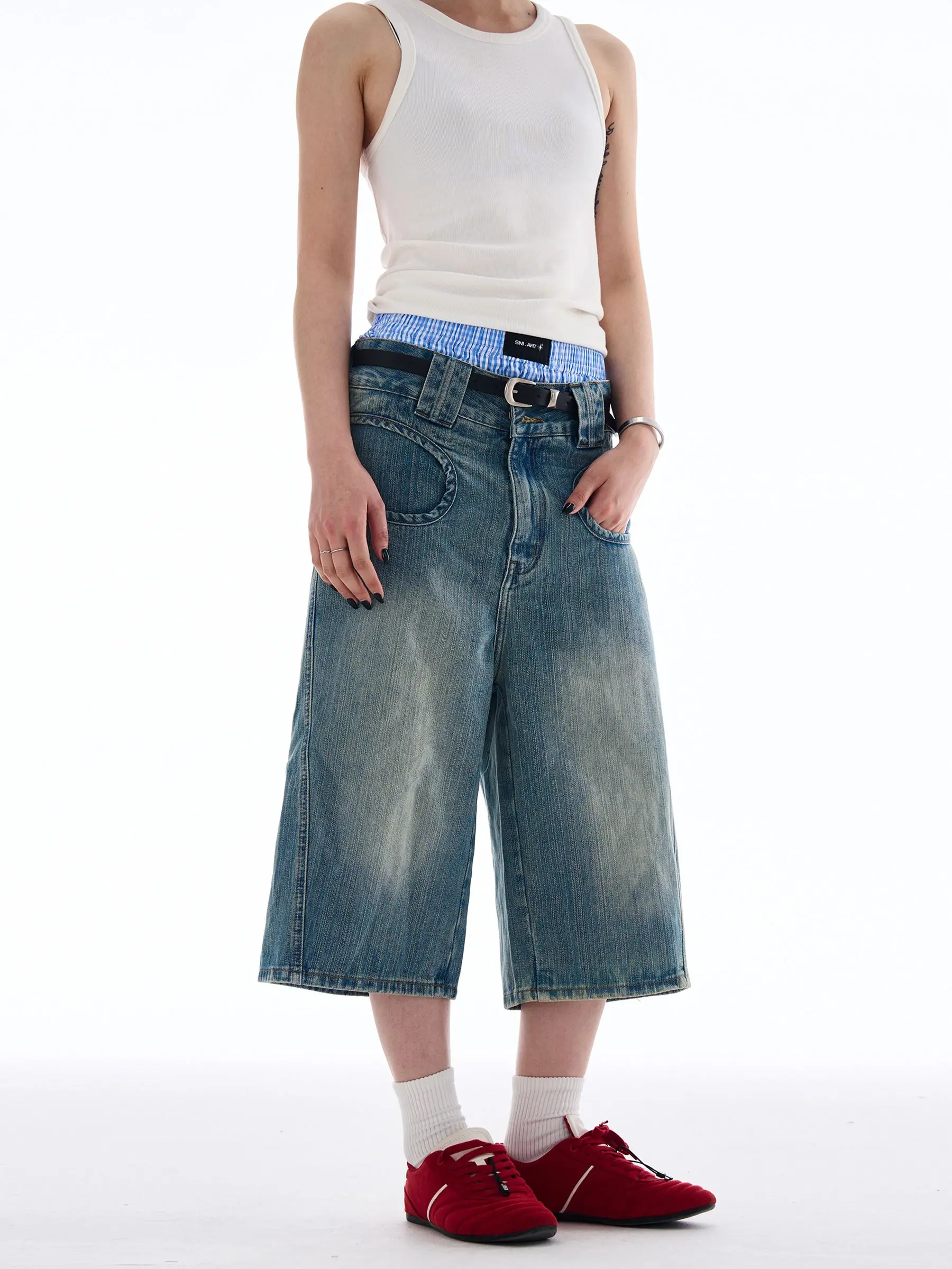 Men's Summer Fashion Denim Shorts Vintage Wide Leg Cropped Pants Cool Boy Casual Bottom Male High Waist Half Trousers