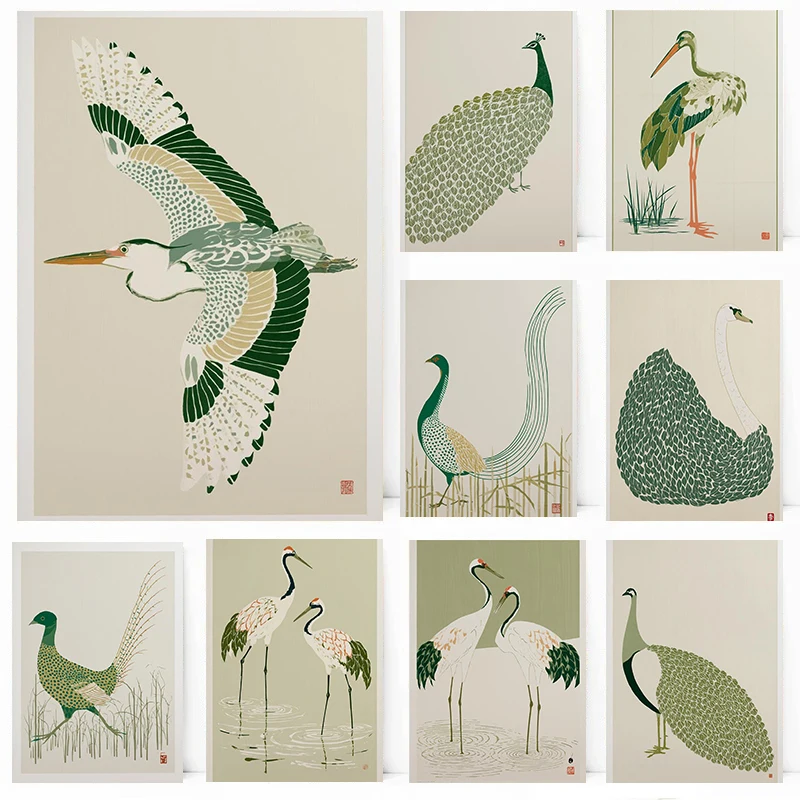 1pc frameless,Japanese Bird Poster Minimal Nature Prints Canvas Painting Japanese Minimalist Wall Art Pictures Home Room Vintage