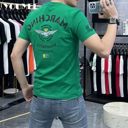 T-shirt Men's Embroidered Round Neck European Fit Bottom Shirt Streetwear 2023 Summer Trend Clothing Young Male Green Tees M-5xl