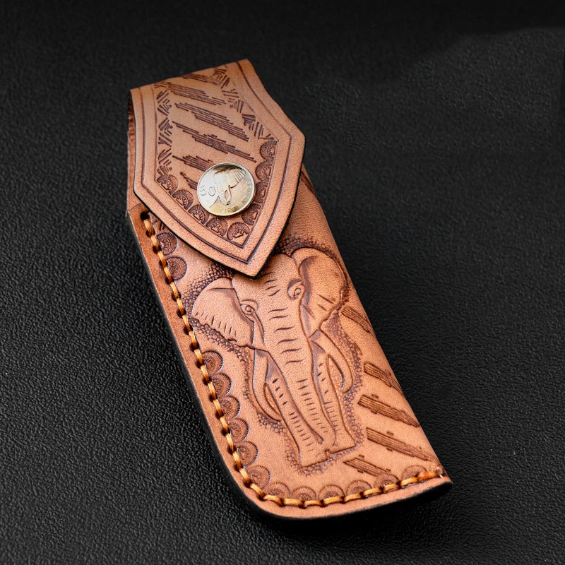 Rindsleder geschnitzte EDC Messerabdeckung multifunktionale handgemachte Messer Lederabdeckung Outdoor tragbare Klappmesserhülle, 1 Stück