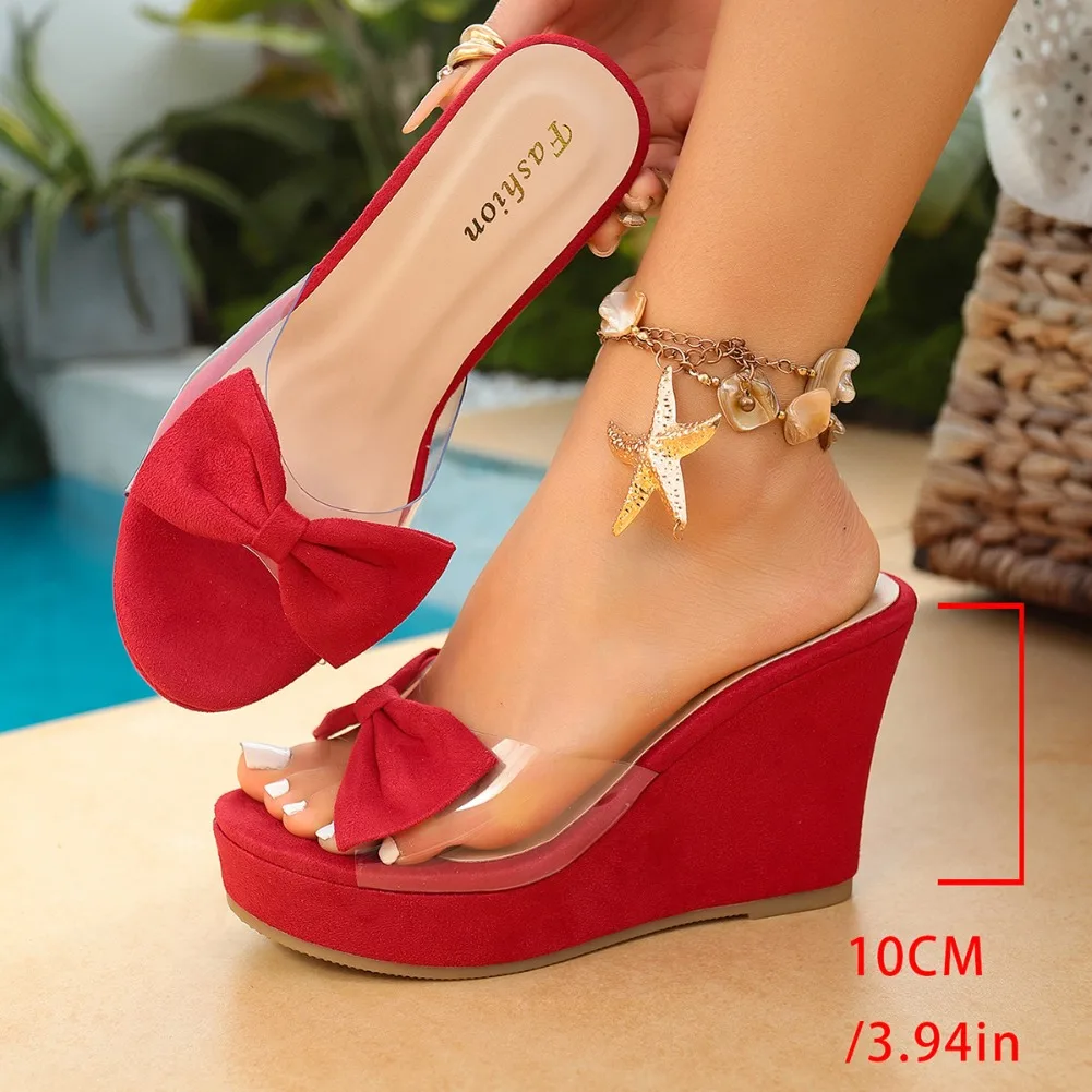 

Летние женские шлепанцы на танкетке с открытым носком, на толстой подошве, для улицы, с милым бантом, замшевые, для девочек-школьниц