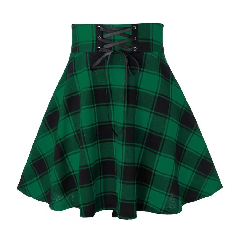Women Plaid Print Mini Skirt Elastic High Waist Skater Skirt A-Line Spring Autumn Girl Hip Hop Style Skirt Clubwear 스커트