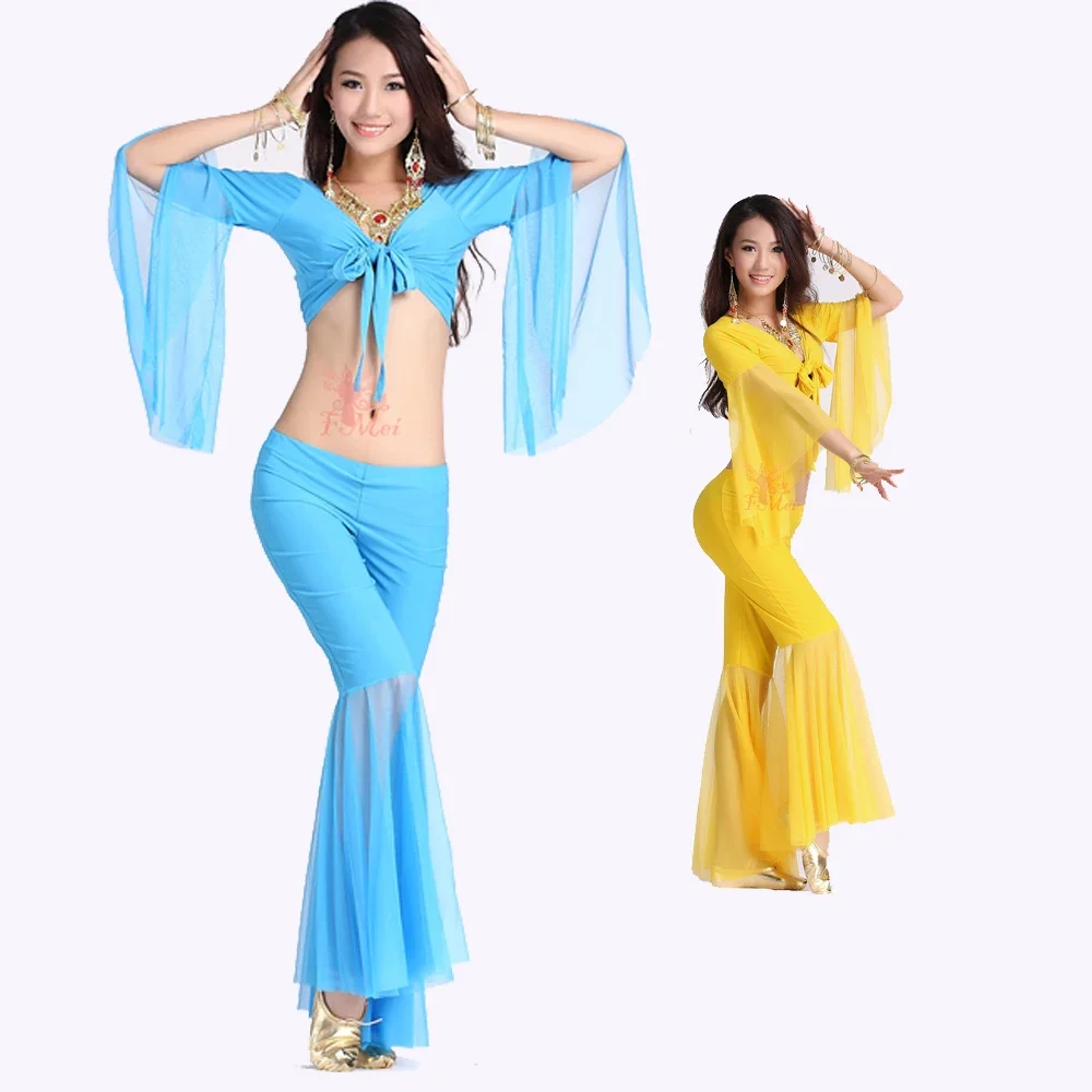 HOT SALE! mesh speaker sleeves belly dance set women 2pcs top and Five point trousers belly dance suit 12colors M and L
