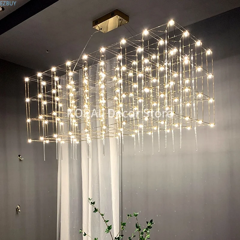 Modern Luxury Rectangular Chandelier LED Firefly Chandelier For Hotel Lobby Project Decor Square Front Desk Cube Pendant Lamp