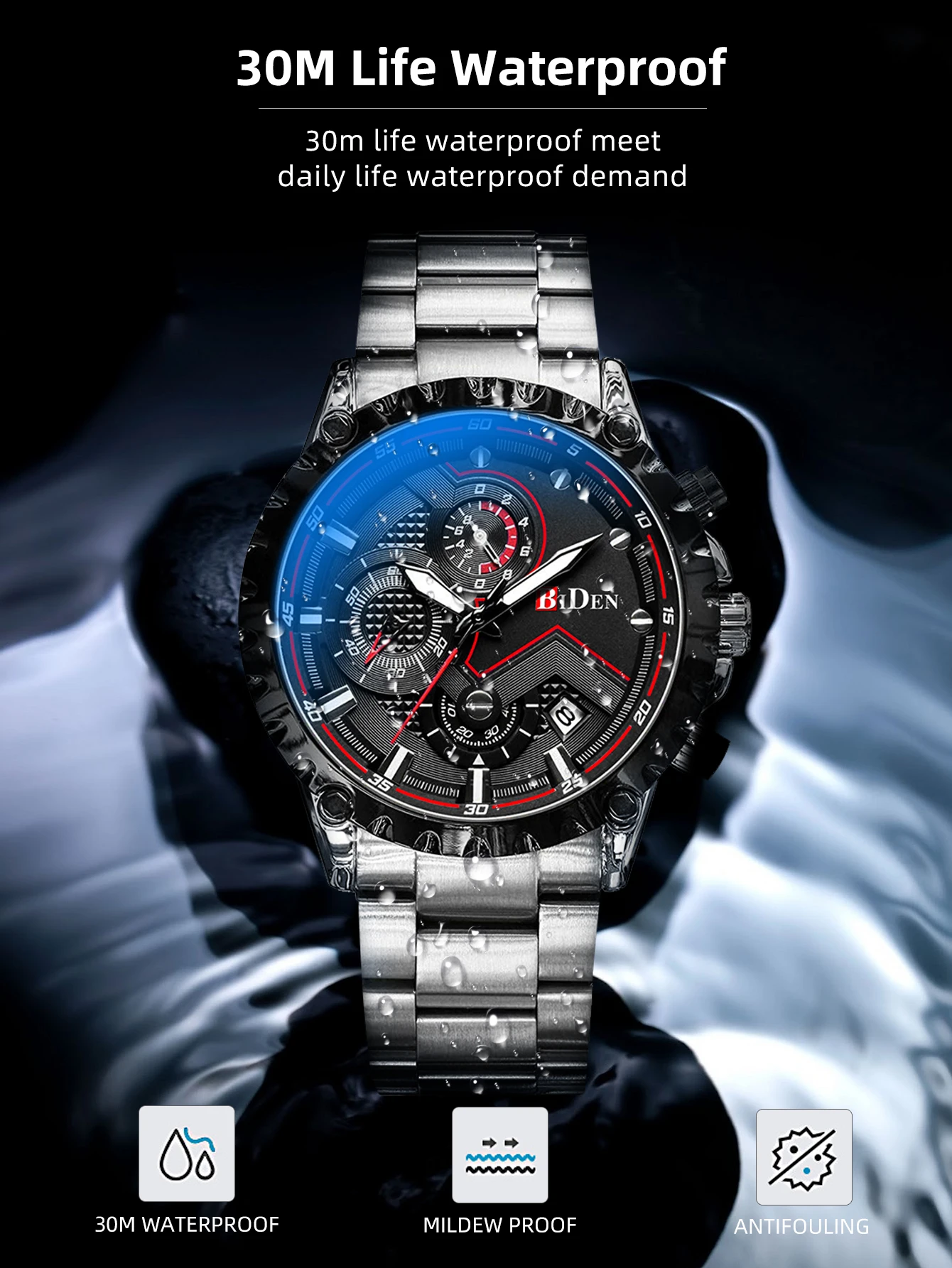 BIDEN Men's Large Dial Quartz Watch Stainless Steel Strap Six Pin Night Light Waterproof Date Men's Watch