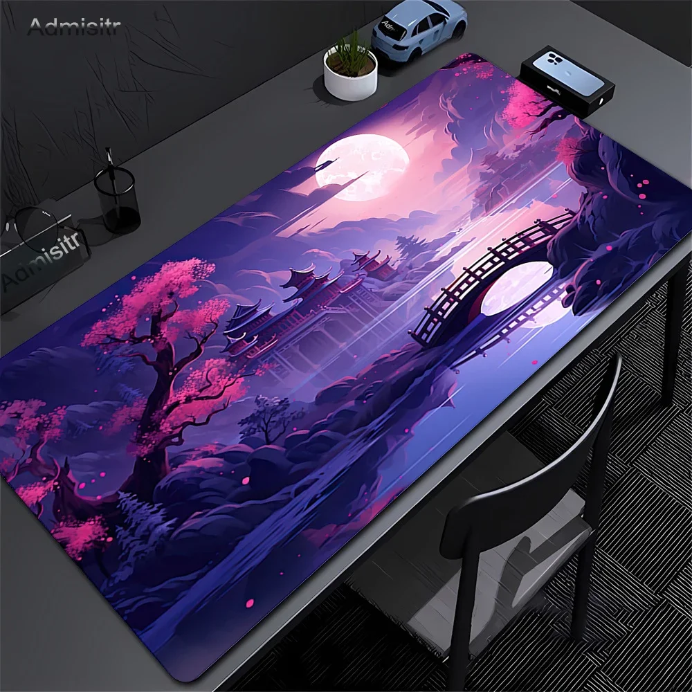Large Anti-Slip leather Gaming MousePad Sakura Scenery Moon Mouse Pad Durable Deskmat Thick Seam Edge Suitable for Office Gaming