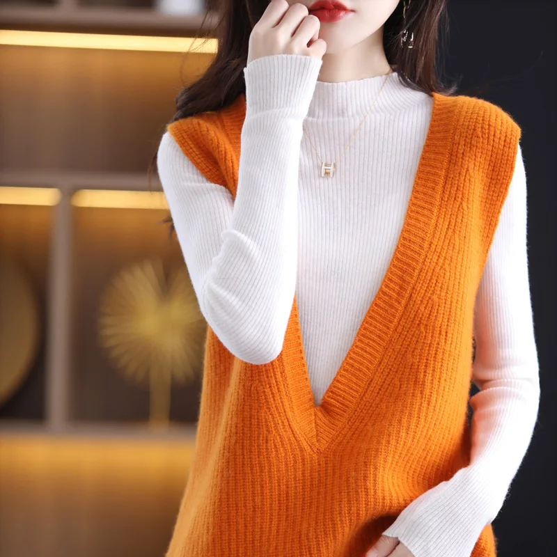 

Basic Fashion 100% Merino Wool V-Neck Solid Color Vest Sweater Cashmere Pullover Sleeveless Women Comfort Warm Soft Clothing Top