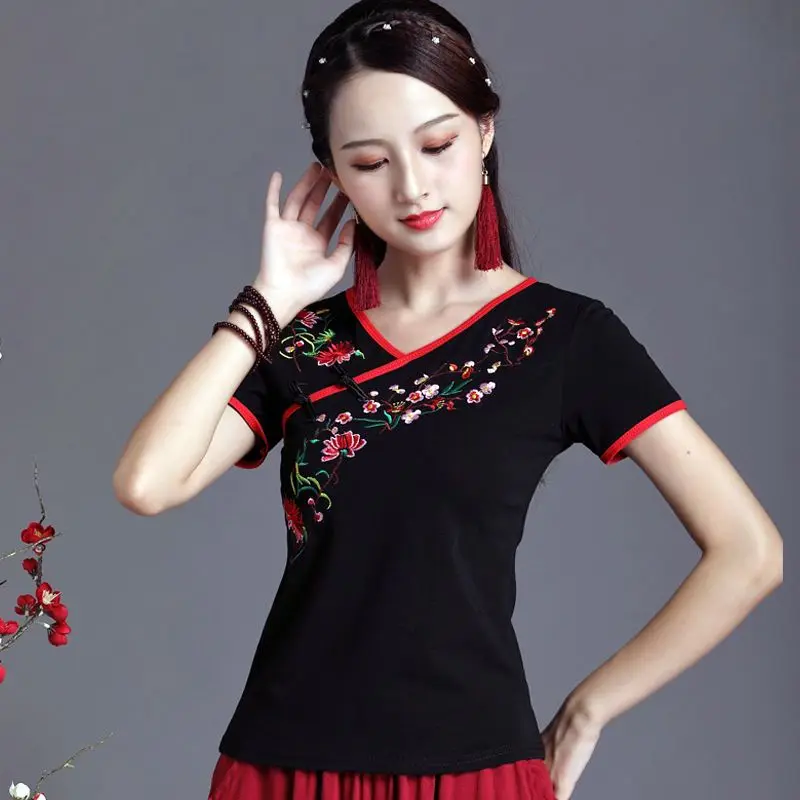 

Women Vintage Tight Black White Short Sleeve Blusas Chinese Style Slim Hanfu Cheongsam Tops China Tang Suit Blouses Femme Summer