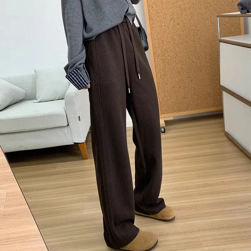 Slimming Woolen Casual Pants Women's Double Stitched Narrow Straight Leg Wide Leg Pants Autumn Long Pants Elegant Commute Style