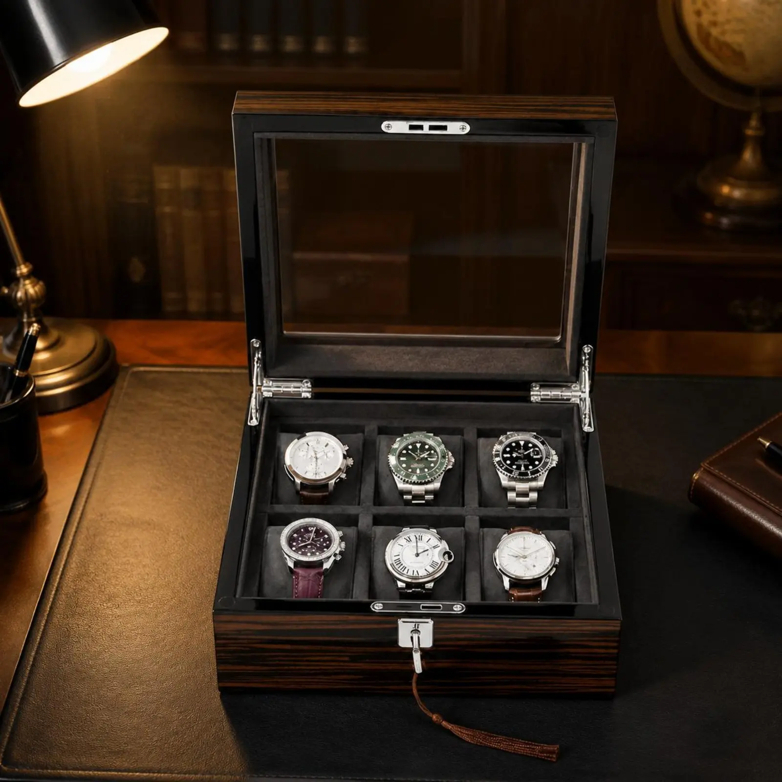 Wooden Watch Display Case Padded Slots Wooden Watch Box Storage Dark Wood-grainGrain Transparent Window